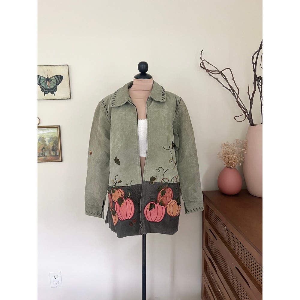 Vintage Quacker Factory Leather Patchwork Pumpkin Embroidered Jacket
